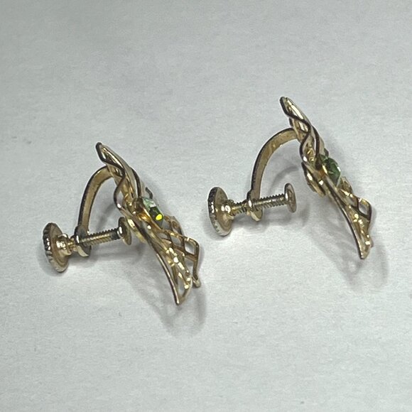 Vintage Filigree Screw Back Earrings With Green Rhinestones - Picture 5 of 7